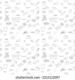 doodle, linart, seamless pattern for wrapping paper in a bread shop, for a menu , restaurant or separate icons 