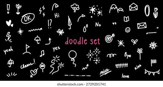 Doodle línea abstracta estrella brillante conjunto con símbolos de Vector de resaltado y Elementos. Fiesta de movimiento Swash, vacaciones, colección fronteriza de Clima. Pegatina decorativa flecha, línea, bunting, guirnalda.