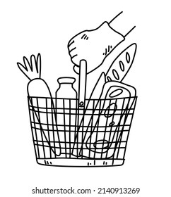 doodle line art cartoon of a hand with glove handle shopping basket; new normal theme