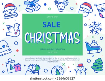 Doodle Line Art Christmas Sale Banner Template. White background with cute illustrations of Santa Claus, Christmas tree, reindeer, bells and snowflakes. Winter Seasonal Sale Background Template.