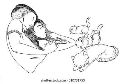 Doodle and line art the Couple sleeping with cats