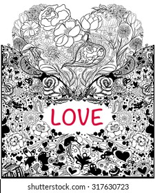 Doodle and line art Flower in shape of a heart