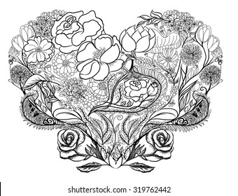 Doodle and line art a Heart among flowers