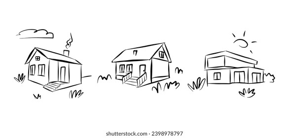 Doodle line art houses. Vacation home, suburban area and hand dwawn housing market branding vector illustration set of building estate line, house outline graphic.