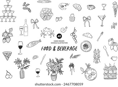 Doodle line art icon drawings of food and beverage. La Dolce Vita Italian summer minimalist icons featuring bows,  coffee cup, lobster, lemons for logo, branding, stickers, invitation