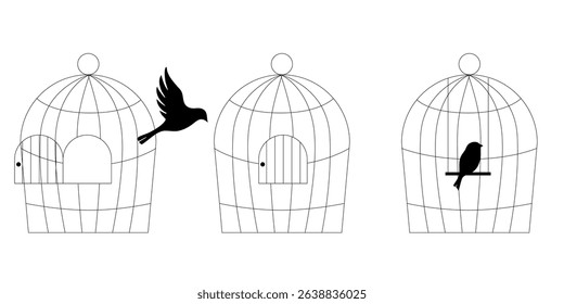 Doodle line art illustration of bird cages set hand drawn sketch collection of metal cages for birds different shapes and sizes vector pet house decor