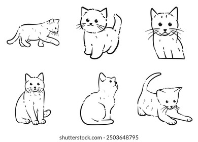 Doodle line art illustration of a cute cat in black and white isolated on a white background