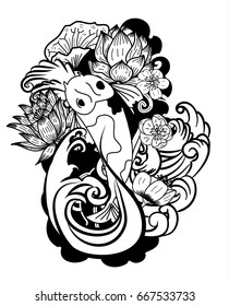 doodle and line art Koi Carp Japanese tattoo style.Traditional Japanese culture for printing on white background.