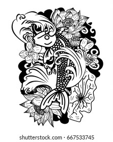 doodle and line art Koi Carp Japanese tattoo style.Traditional Japanese culture for printing on white background.