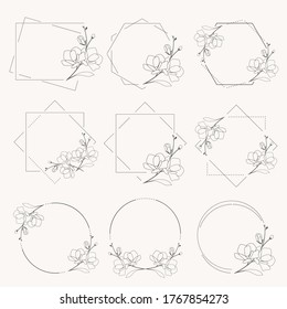 línea de doodle arte magnolia flor floreciente marco mínimo para colección de banderas o logotipos