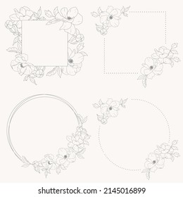 doodle line art peony flower bouquet wreath frame elements collection