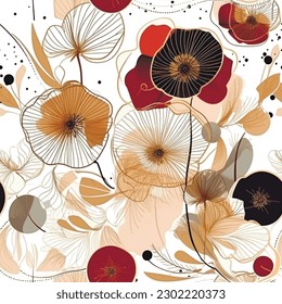 Doodle line art poppies and dandelions flowers seamless pattern. Dirty watercolor background. Hand drawn painted abstract blooming flowers, spots. Trendy artistic botanical arrangement of flowers.