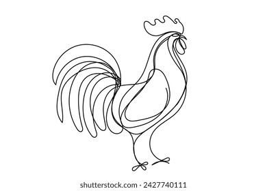 Doodle Line Art Rooster Cock Farm Bird Sketch Illustration. Editable Curve Line Rooster Cockerel Domestic Farm Pet Continuous Editable Line Drawn Icon Isolated On White. 