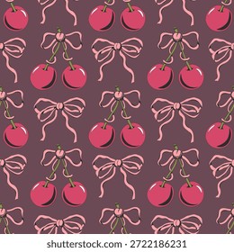Doodle línea de arte de patrón transparente que combina cerezas y elegantes lazos de cinta en tonos rosados. Metáfora visual de la alegría, la feminidad, la dulzura decorativa, la celebración suave y la celebración lúdica