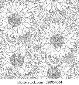 Doodle line art seamless pattern with sunflowers. Hand drawing floral indian background in vector. Ayurveda collection