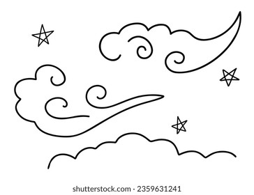 Doodle line art snow wind blow. Isolated vector hand drawn illustration set