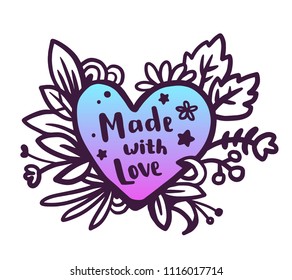 Doodle line art style design for card, web, site, print. Vector illustration of beautiful floral heart wreath with simple flower and text. Lovely message in frame on white background