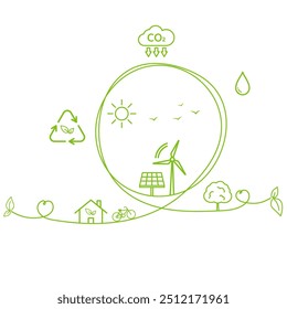 Arte de línea de Doodle para el Anuncio de desarrollo de sostenibilidad, ESG, energía verde, industria sostenible, concepto de producción ecológica. Gobernanza ambiental, social, Corporativa, Ilustración vectorial