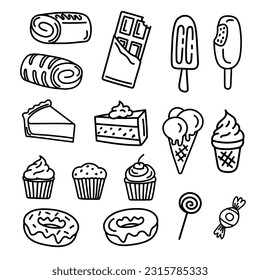 Doodle Line Art Sweet Set With Ice Cream, Cakes, Lollipop, Candy, Chocolate.