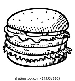 Doodle line art vector illustration of a cheese burger isolated on white