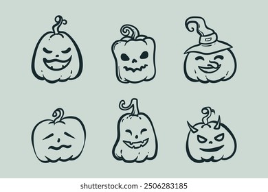 Doodle line art vector illustration of pumpkin with various expressions. Pumpkin in Halloween event. Pumpkin fruit illustration. Halloween theme illustration