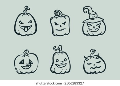 Doodle line art vector illustration of pumpkin with various expressions. Pumpkin in Halloween event. Pumpkin fruit illustration. Halloween theme illustration