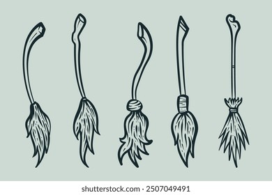 Doodle line art vector illustration of Witch flying broom. Broom in Halloween event. Witch broom illustration. Halloween theme illustration