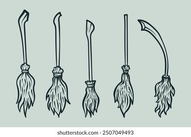 Doodle line art vector illustration of Witch flying broom. Broom in Halloween event. Witch broom illustration. Halloween theme illustration