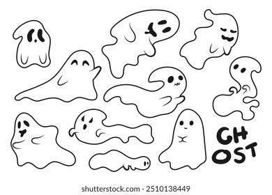 Desenhar ilustração vetorial de arte de linha de White Ghost. Fantasma para o evento de Halloween. Ilustração fantasma. Ilustração do tema de Halloween