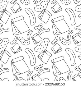 doodle line banana chips and package seamless pattern on white background. vector abstract illustration.