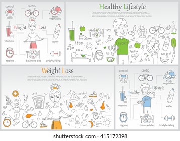 Doodle Line Banners Of Healthy Lifestyle And Weight Loss. 