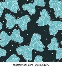 Doodle line blue butterflies black pattern cute seamless.