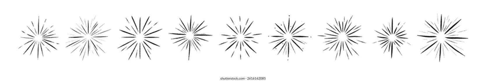 Doodle line burst shine effect. Hand-drawn sun star ray graphic elements. Flat vector illustration isolated on white background..