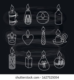 Doodle line candles on chalk board background vector icons set