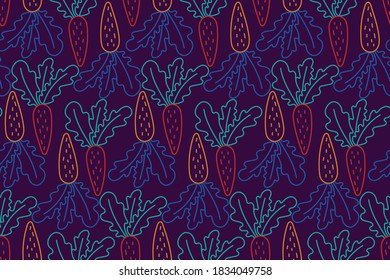 zanahorias en la línea de garabatos. Patrón sin foco. Impresión de la moda vectorial. Diseño para textiles o ropa. Esbozo de esquema. Dibujaron a mano verduras repitiendo. Fondo natural