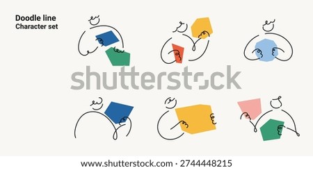 Doodle line character set with abstract people figures and geometric shapes. One line drawing minimalist vector illustration collection for modern creative design projects colorful.
