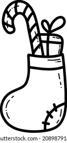 Doodle line christmas sock for presents vector illustration. Winter holiday decoration with candy cane and gift box.