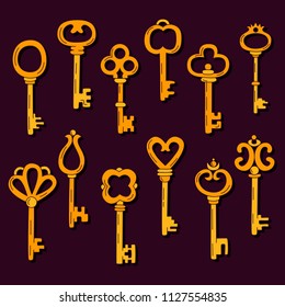 Doodle line colorful golden retro keys vector set