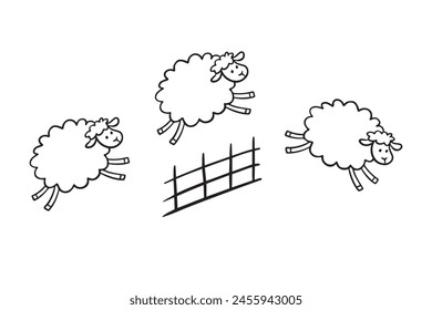 Doodle line cute sheep jumping over fence. Good night sleep poster. Counting sheep to fall asleep. . Vector illustration