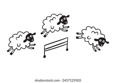 Doodle line cute sheep jumping over fence. Good night sleep poster. Counting sheep to fall asleep. . Vector illustration