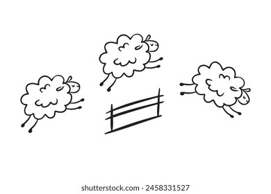 Doodle line cute sheep jumping over fence. Good night sleep poster. Counting sheep to fall asleep. . Vector illustration