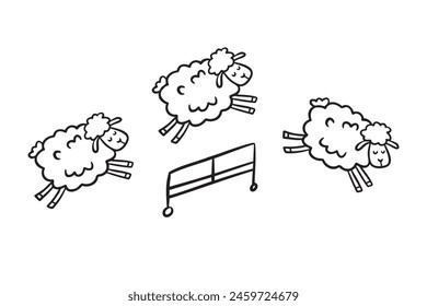 Doodle line cute sheep jumping over fence. Good night sleep poster. Counting sheep to fall asleep. . Vector illustration