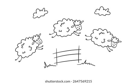 Doodle line cute sheep jumping over fence. Cartoon sheeps. Cute hand drawn doodle vector illustration.