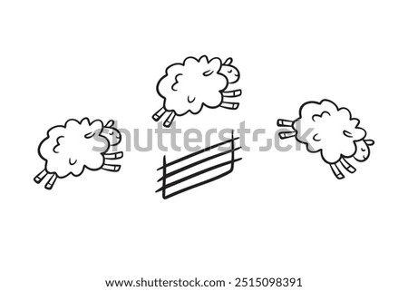 Doodle line cute sheep jumping over fence. Good night sleep poster. Counting sheep to fall asleep. . Vector illustration