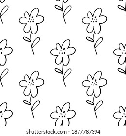 Doodle line daisy flower sketch seamless pattern for nursery. Cartoon vector illustration. Cute graphic background. Print for kids. Scandinavian design for little baby room.