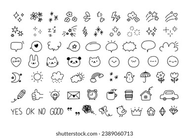 Doodle line design elements. Sketch daily stickers for planner. Cute hand drawn speech bubble, decor stars, prints animal signs, weather icon, emotion effects. Vector set. Envelope, crown, sparkles