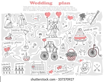 Doodle line design of web banner template with outline cartoon wedding icons. Wedding Planner Icons and Infographics.