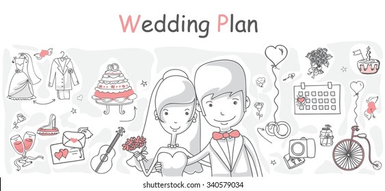 Doodle line design of web banner template with outline cartoon wedding icons. Wedding Planner Icons and Infographics.