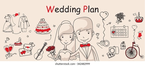 Doodle line design of web banner template with outline cartoon wedding icons. Wedding Planner Icons and Infographics.