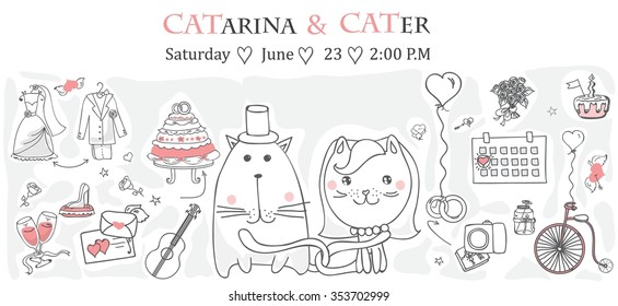 Doodle line design of web banner template with outline cartoon wedding icons. 